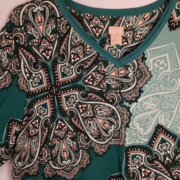 Chicos Tunic Size 3 (22/24) Green Paisley 3/4 Sleeve Baroque Asymmetric Hem EUC - Picture 4 of 10